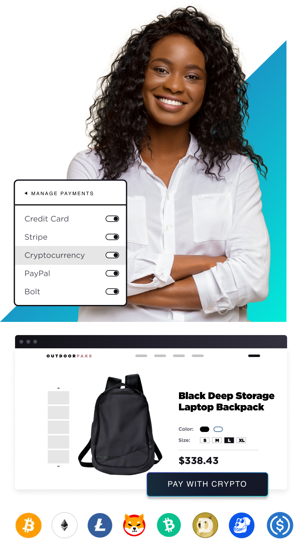 Collage person manage payments storefront product backback cryptocurrency